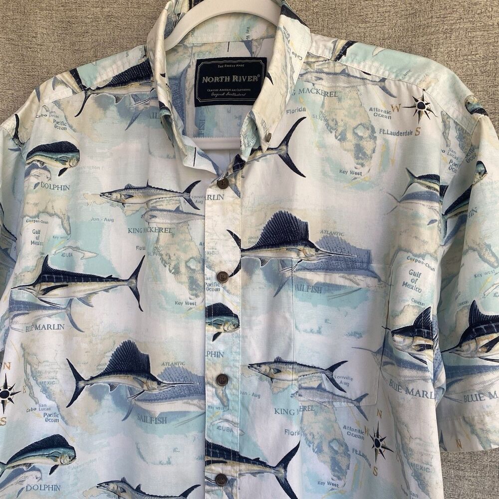North River Outfitters Shirt Mens Large Blue Marlin Dolphin Sailfish  Mackerel
